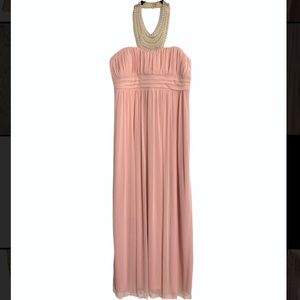 Long Peach Pink Maxi Gown Dress Beaded Neckline